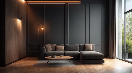 Modern living room with dark walls and sectional sofa