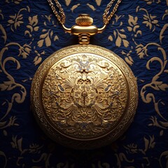 A golden pocket watch with intricate details on a patterned blue cloth