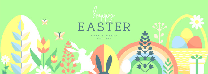 Holiday flat Easter poster or banner with rabbit, Easter eggs, willow branch and flowers. Vector illustration
