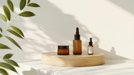 Natural skincare product display with plant shadows