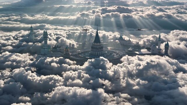 Futuristic Cityscape, fantasy and ethereal style, in white and blue colors, representing an idealized future or dream.