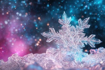 A large detailed ice crystal stands on a textured frosted surface