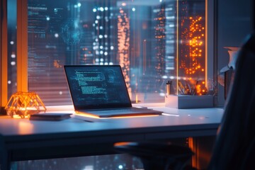 Futuristic laptop on desk and diffused lighting with negative space on right