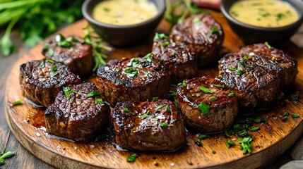 Pan-seared steak bites with garlic butter served on a wooden plate with dipping sauce and fresh herbs