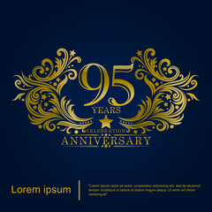 95th years elegant golden anniversary celebration emblem. anniversary logo isolated with brush-strokes rounded by ornate swirls and flourishes. vector illustration template	
