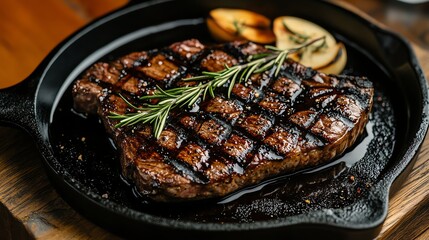 Perfectly grilled porterhouse steak served on a cast iron plate with a drizzle of aged balsamic reduction artistic plating