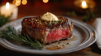 Premium ribeye steak plated with garlic confit and rosemary butter served on a fine dining table candlelight ambiance