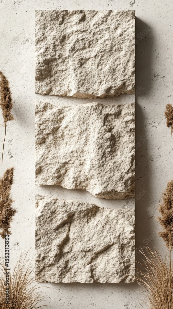 Poster three textured rectangular stone tiles on a neutral background with plants