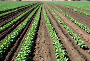 Obraz premium A field with drip irrigation systems running parallel, delivering water directly to the root zones of plants while minimizing water waste in a sustainable farming environment.