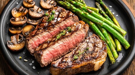 Seared porterhouse steak cooked to perfection with butter and garlic plated with sauteed mushrooms and asparagus