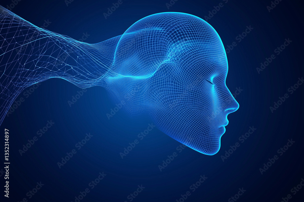 Aufkleber digital representation of a human head with mesh overlay and particles in technology background