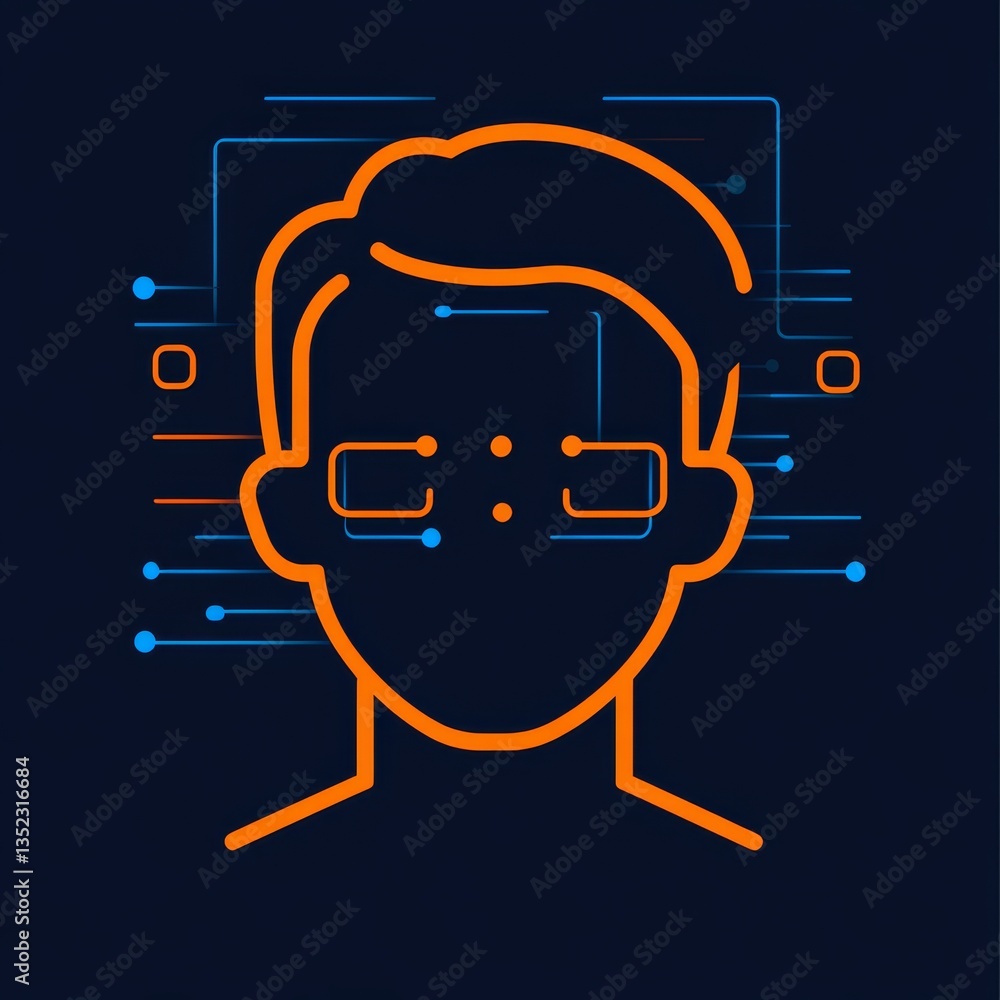 Poster abstract neural network man face with data stream and tech connections on dark blue background.