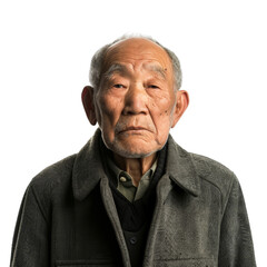 Elderly Man with Serious Expression in Dark Coat Against Plain Background