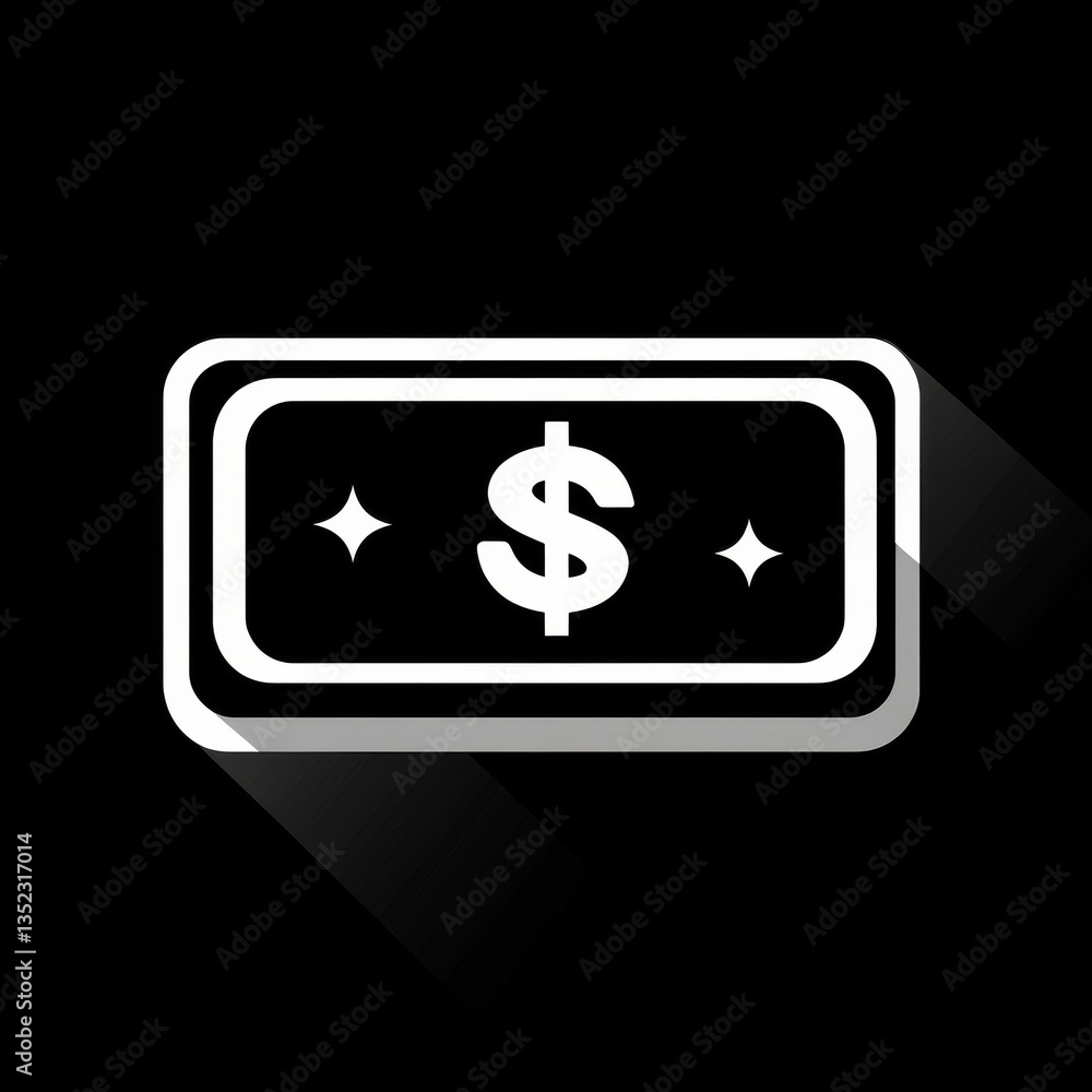 Poster dollar sign with stars in a white rectangular frame on a black background with long shadow - financi