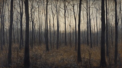 Eerie Forest Landscape with Bare Trees and Dense Undergrowth Artwork