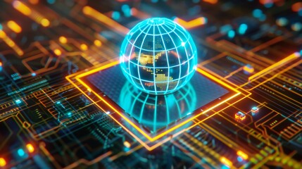 Global interconnectedness: A vibrant digital world glowing with technological innovation and energy, depicted by a luminous globe resting on a circuit board.