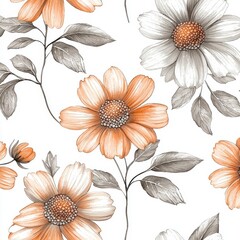 A floral pattern featuring orange and gray flowers with leaves on a white background, ideal for fabric or wallpaper design.