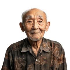 Elderly man with wise expression in a vintage shirt standing against a plain backdrop