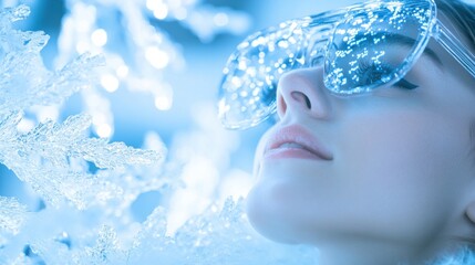 Young Woman in Sunglasses Surrounded by Frosty Winter Background