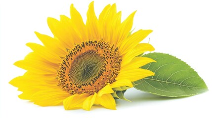 Obraz premium Vibrant Sunflower with Lush Green Leaf on White Background