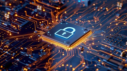 Cybersecurity's digital shield: a glowing lock icon on a microchip, safeguarding data with intricate circuitry and warm light accents.