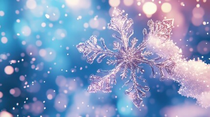 Fototapeta premium A beautiful detailed snowflake against a blue and pink background