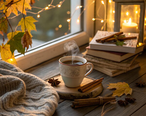Cup of hot coffee next to a pile of books and a warm sweater in autumn.
