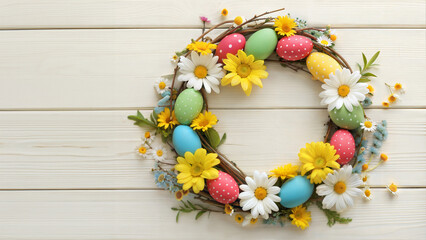 Easter wreath with painted eggs and fresh flowers including daisies. Space for text.