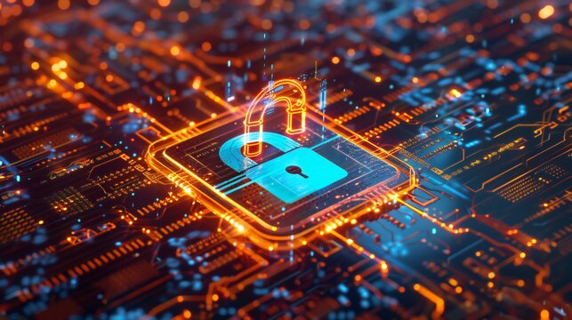 Cyber Security Unlocked: A glowing blue padlock on a vibrant circuit board symbolizes digital protection and the power of encryption in the digital age with warm orange and blue hues. - Powered by Adobe