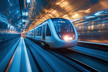 Fototapeta premium Futuristic train in motion with high contrast lighting and negative space on left