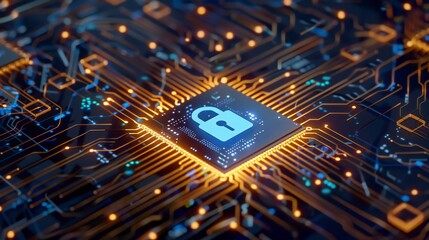 Digital fortress: A glowing blue padlock secured within a complex network of golden circuitry, symbolizing impenetrable online protection.