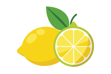 Flat Lemon and Slice with Leaf Design, Yellow Citrus Fruit, Fresh Healthy Food Icon