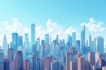 City skyline with towering skyscrapers under dramatic clouds.