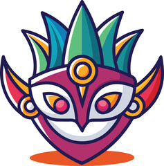 Obraz premium Colorful Tribal Mask Logo with Abstract Design, Flat vector illustration of a vibrant tribal-style mask with bold shapes and colors, ideal for logos, emblems, or fantasy themes. 