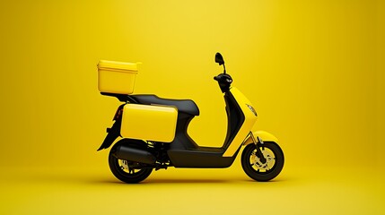 Modern Delivery Scooter: A sleek, vibrant yellow scooter stands against a matching backdrop, with a food delivery container attached, embodying speed and service in a modern design.