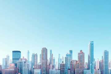 Fototapeta premium City skyline with tall buildings and skyscrapers against a clear blue sky, reflecting modern architecture and urban development.