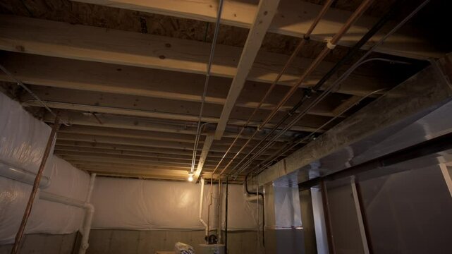 Interior view of a basement with wooden framing and exposed walls.