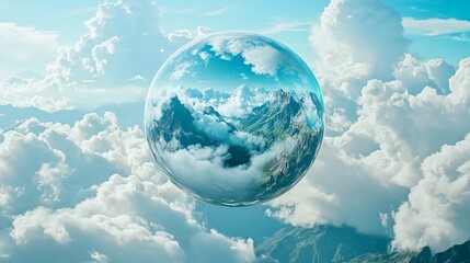 Naklejka premium Transparent crystal glass ball reflecting snow mountain and fluffy white clouds against bright clear blue sky, natural mountain landscape perspective and eco-friendly earth protection mindfulness life