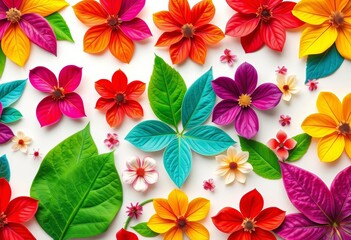 Fototapeta premium Vibrant floral pattern; abstract leaves, flowers, white background, spring, summer, summer, print