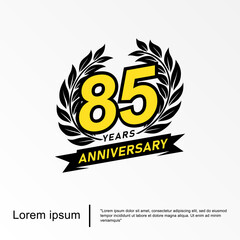 85th years anniversary celebration emblem. anniversary logo isolated with laurel wreath and ribbon. vector illustration template design for web, flyers, poster, invitation card or greeting card	
