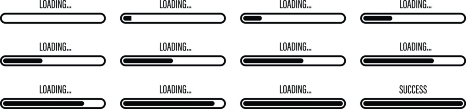 Collection of vector icons of processing loading bars from zero to success. Vector illustration