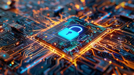 Digital Fortress: A glowing blue padlock secures the heart of a complex circuit board, symbolizing impenetrable cybersecurity with vibrant orange and blue hues.