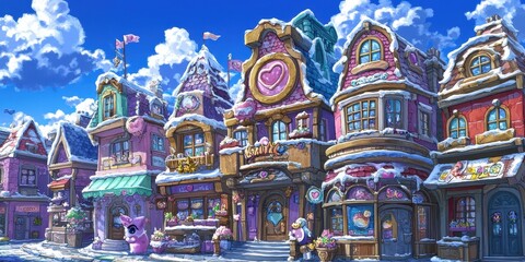 A beautiful cartoon town street covered in fresh winter snow
