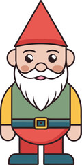 Cartoon Garden Gnome with Red Hat and Beard, Flat vector illustration of a classic garden gnome with a red hat, white beard, and colorful outfit, ideal for playful designs.
