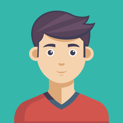 Flat Style Avatar of Boy on Teal Background, Vector cartoon avatar of a young boy with dark hair and red shirt, set against a teal background, ideal for digital use.
