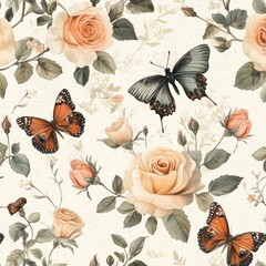 Watercolor painting depicts butterflies and roses in a pattern