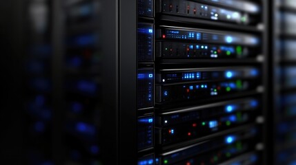 Naklejka premium Server rack close-up with glowing components. Multiple server units in a data center, showcasing intricate technology and connectivity. 