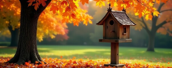 Vibrant autumn foliage surrounds decorative birdhouse in park, foliage, birdhouse, seasonal