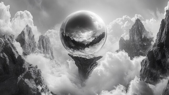 Transparent crystal glass ball reflecting snow mountain and fluffy white clouds against bright clear blue sky, natural mountain landscape perspective and eco-friendly earth protection mindfulness life