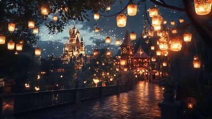Enchanting Castle Illumination: A Magical Evening Ambiance with Lanterns